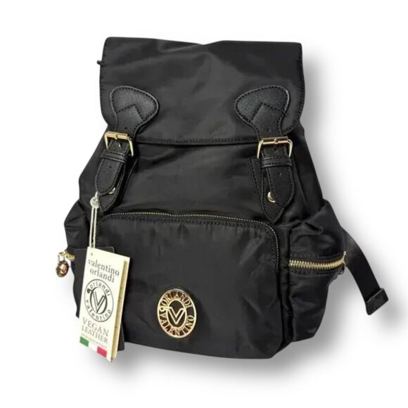 Valentino Orlandi Black Vegan Nylon Backpack w/ Pouch Logo Gold Hardwarware NWT - Picture 8 of 10